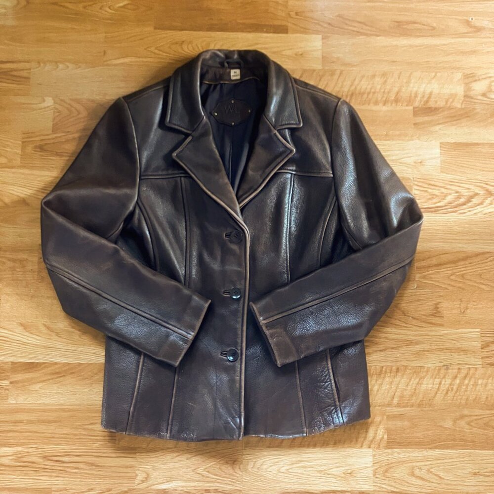 Wilsons Leather Brown Tailored Seam Distressed Pebbled Leather Blazer Jacket - Picture 7 of 10